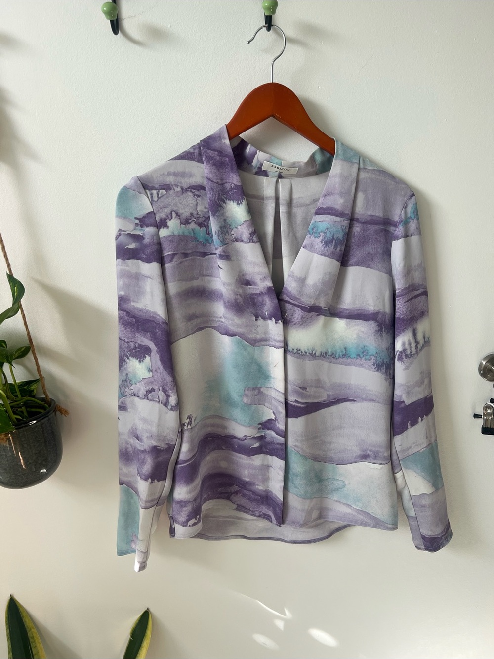 Babaton Watercolor V-Neck Blouse in Lavender & Teal